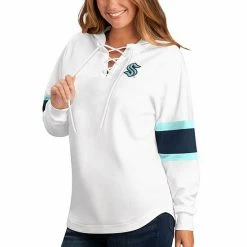 Women's G-III Sports By Carl Banks White Seattle Kraken Game Plan Lace-Up Long Sleeve Hooded Top