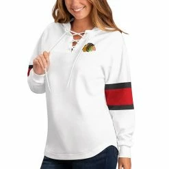 Women's G-III Sports By Carl Banks White Chicago Blackhawks Game Plan Lace-Up Long Sleeve Hooded Top