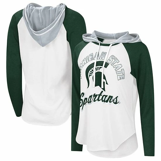 Women's G-III 4Her By Carl Banks White/Green Michigan State Spartans From The Sideline Raglan Hoodie Long Sleeve T-Shirt 1 Women's G-III 4Her By Carl Banks White/Green Michigan State Spartans From The Sideline Raglan Hoodie Long Sleeve T-Shirt