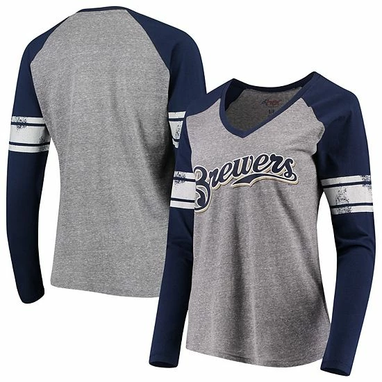 Women's G-III 4Her By Carl Banks Gray/Navy Milwaukee Brewers Franchise Tri-Blend Raglan Long Sleeve T-Shirt 2 Women's G-III 4Her By Carl Banks Gray/Navy Milwaukee Brewers Franchise Tri-Blend Raglan Long Sleeve T-Shirt - Image 2
