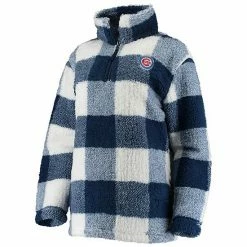 Women's G-III Sports By Carl Banks Navy/White Chicago Cubs Sherpa Plaid Quarter-Zip Jacket -G-III Sales Store unnamed file 4756