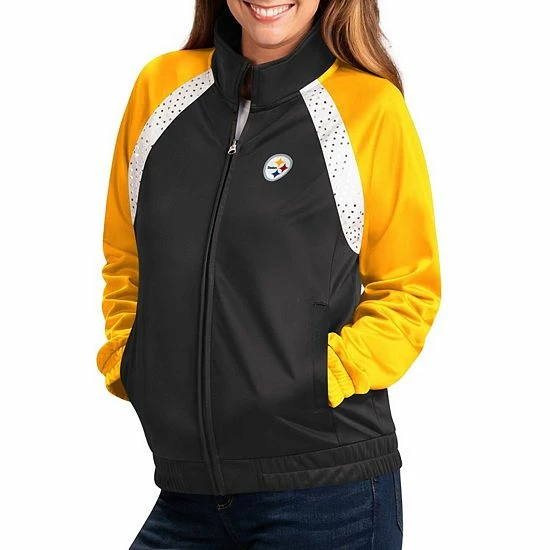 Women's G-III 4Her By Carl Banks Black/Gold Pittsburgh Steelers Confetti Raglan Full-Zip Track Jacket 1 Women's G-III 4Her By Carl Banks Black/Gold Pittsburgh Steelers Confetti Raglan Full-Zip Track Jacket